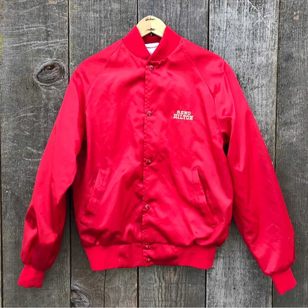 VTG 80s Reno Hilton Red Satin Baseball Jacket Westark USA, Small